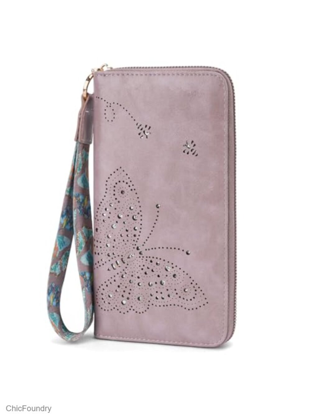 RFID Wristlet Wallet Faux Leather Butterfly Clutch Phone Purse Wrist Strap Women